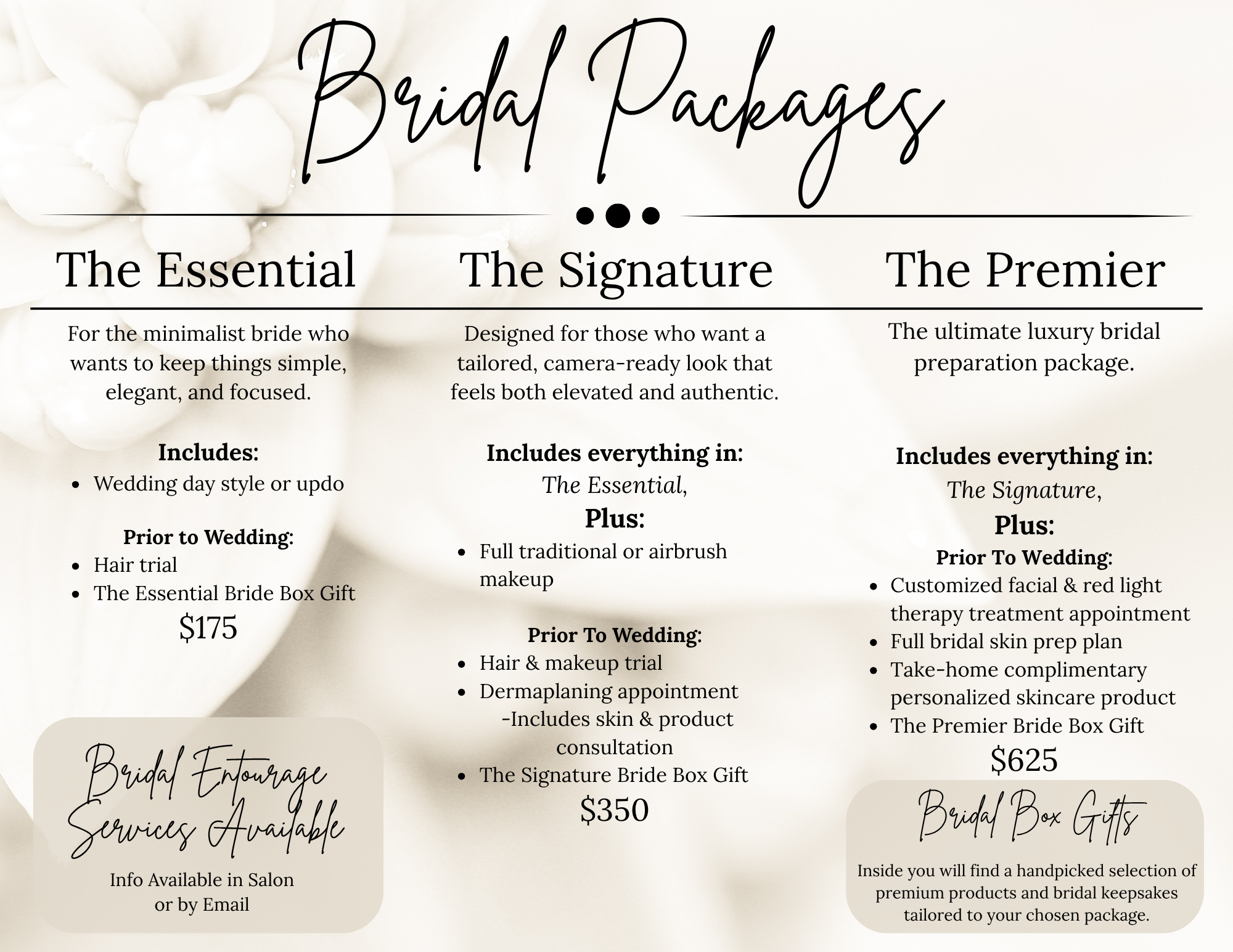 Fringe Salon in Rice Lake, WI - Bridal packages comparison chart listing The Essential, The Signature, and The Premier with details and prices for wedding day services, trial, and gift boxes.